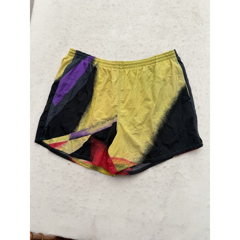 VTG Nylon Mesh Lined Trunks Shorts Mens XL Gold Purple 5" Inseam 90s Airbrush